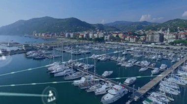 Rıhtımlar üzerindeki bağlantı ağlarının animasyonu. küresel sosyal medya, bağlantılar ve dijital arayüz konsepti dijital olarak oluşturulmuş video.