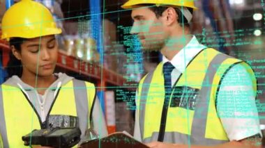 Depoda çalışan farklı insanların veri işleme animasyonları. küresel sevkiyat, dağıtım ve bağlantılar konsepti dijital olarak oluşturulmuş video.