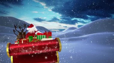 Noel Baba 'nın kızakta Noel hediyeleri ve kış manzarasına yağan karla canlandırılması. Noel, gelenek ve kutlama konsepti dijital olarak oluşturuldu.