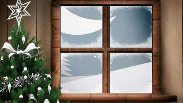 Animatie Van Winter Landschap Met Kerst Decoratie Gezien Door Het — Stockvideo