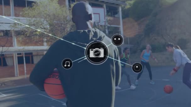 Animación Redes Conexiones Sobre Jugadoras Baloncesto Redes Sociales Globales Conexiones — Vídeo de stock