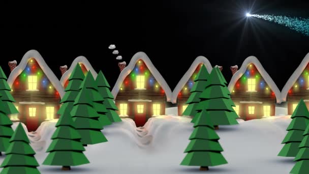 Анімація Зірок Падають Барвистими Вогнями Над Будинками Казковими Вогнями Різдво — стокове відео
