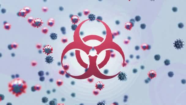Animación Covid Células Volando Sobre Señal Advertencia Mundial Covid Pandemia — Vídeo de stock