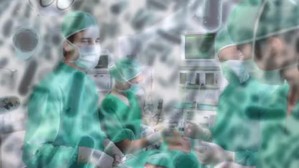 Orvosok Felett Lebegő Vírussejtek Animációja Műtét Során Globális Covid Világjárvány — Stock videók