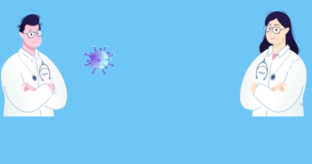 在蓝色背景上对19个病毒细胞和医生图标进行了动画化 全球联盟19大流行病概念数码视频 — 图库视频影像