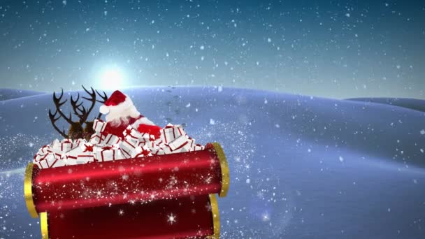 Animacja Świętego Mikołaja Saniach Prezentami Świątecznymi Spadającym Śniegiem Zimowym Krajobrazie — Wideo stockowe