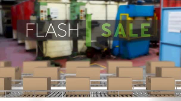 Animation Von Flash Verkaufstext Über Kartons Auf Förderbändern Globales Liefer — Stockvideo