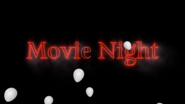 Animación Noche Película Texto Letras Neón Rojo Con Globos Blancos — Vídeos de Stock
