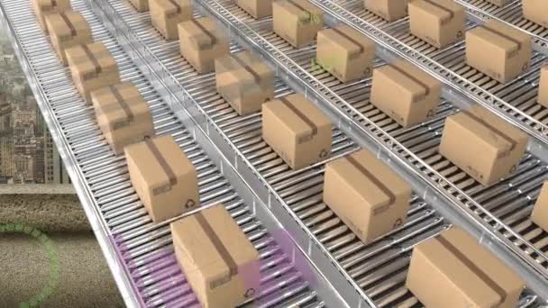 Animation Traitement Statistique Sur Boîtes Carton Sur Bandes Transporteuses Paysage — Video