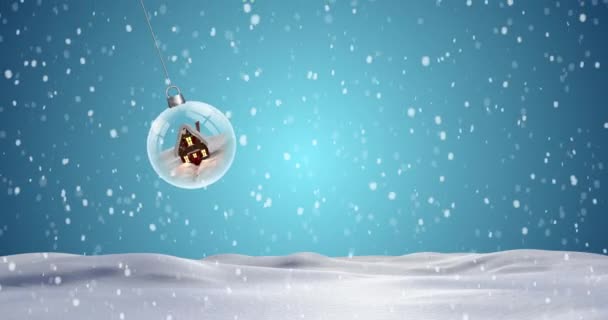 Animation Von Schnee Der Über Schneekugel Und Tannenbaumschmuck Fällt Weihnachten — Stockvideo