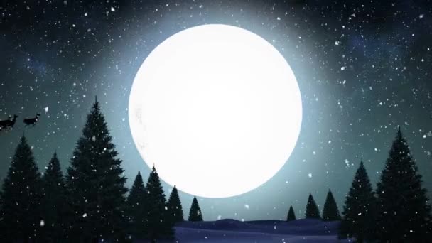 雪と月の上にトナカイと一緒にそりでサンタクラスのアニメーション クリスマス お祝いのコンセプトをデジタルで — ストック動画