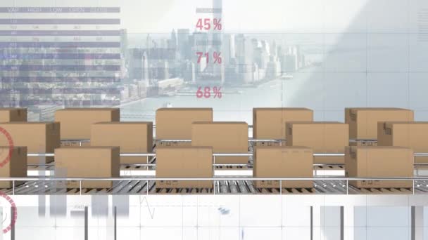 コンベヤベルト上の段ボール箱上の統計処理のアニメーション 世界的な出荷と接続の概念デジタル生成されたビデオ — ストック動画