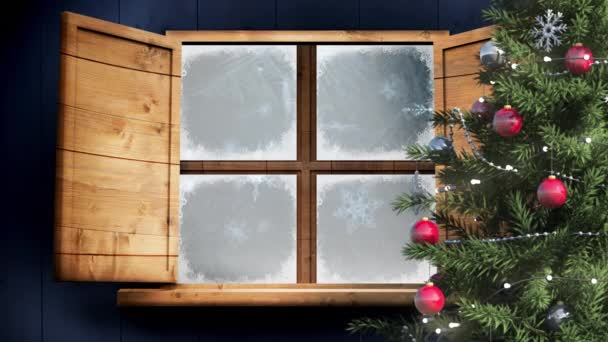 透过窗户看到的冬季风景的动画和圣诞装饰 圣诞节 传统和庆祝概念数字制作的视频 — 图库视频影像