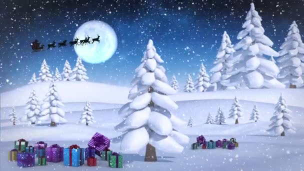 Animatie Van Kerstman Slee Met Rendieren Kerstcadeaus Sneeuwval Maan Kerstmis — Stockvideo