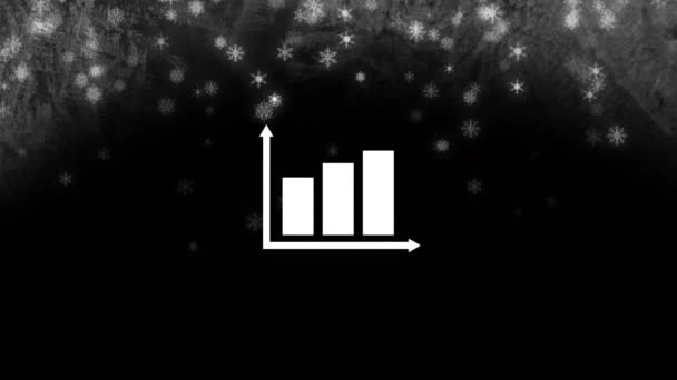 Animation Des Weißen Balkendiagrammsymbols Über Schneeflocken Auf Schwarzem Nachthimmel Kommunikations — Stockvideo
