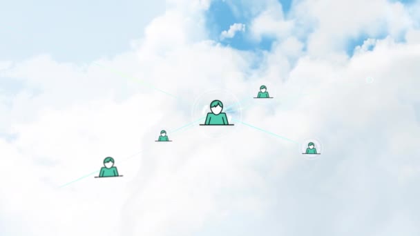 Animacja Sieci Połączeń Ludźmi Ikony Nad Chmurami Niebie Globalne Połączenia — Wideo stockowe
