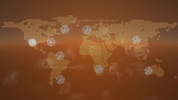 Animering Världskarta Nätverk Anslutningar Och Databehandling Orange Bakgrund Globala Sociala — Stockvideo