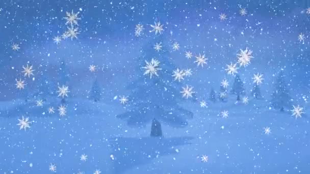 Анімація Снігу Падає Над Пейзажним Тлом Зимових Ялинок Різдво Зима — стокове відео