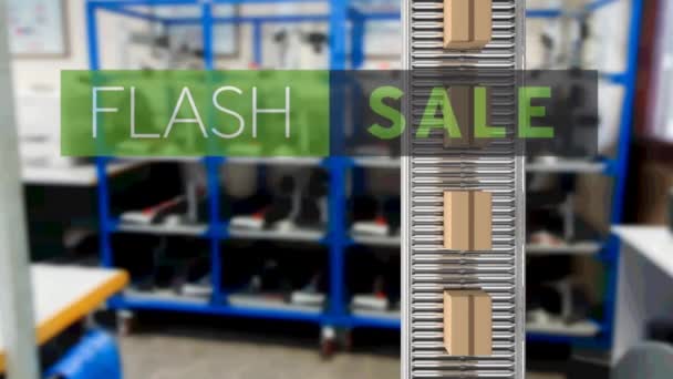 Animation Flash Sale Text Cardboard Boxes Conveyor Belt Global Delivery — Stock Video