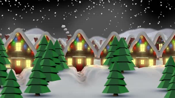 Animation Von Schnee Der Auf Häuser Mit Lichterketten Fällt Weihnachten — Stockvideo
