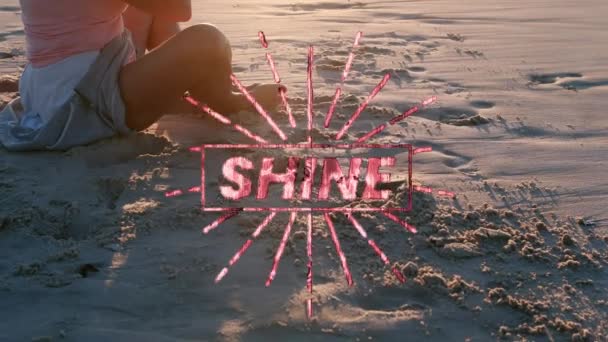 Animazione Brillare Testo Sulla Donna Spiaggia Concetto Social Media Interfaccia — Video Stock