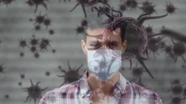 Yüz Maskeli Adamın Üzerinde Hareket Eden Kovid Hücrenin Animasyonu Küresel — Stok video
