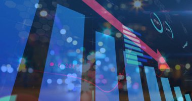 Aşağıdaki kırmızı oklu istatistiklerin resmi ve finansal veri işleme. küresel iş ve finans kavramı dijital olarak oluşturulmuş görüntü.