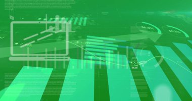 Finansal veri işleme ve yeşil arka planda hareket eden dijital simgelerin dijital görüntüsü. küresel finans ve iş konsepti