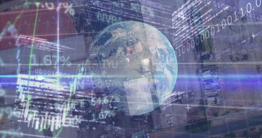 Küresel ve kentsel sanayi bölgelerindeki finansal veri işleme istatistik kaydı. Küresel finans iş ekonomisi konsepti dijital olarak oluşturulmuş görüntü.