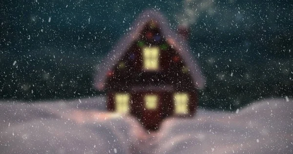 Imagem Cenário Natal Inverno Com Casa Iluminada Neve Caindo Festa — Fotografia de Stock