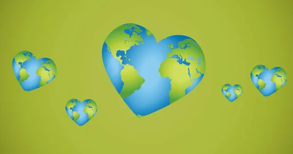 緑色の背景に複数のハート型の球体の構成 地球の保全と地球の日の概念をデジタルで — ストック写真