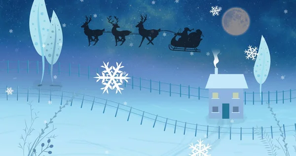 Afbeelding Van Zwart Silhouet Kerstman Slee Wordt Getrokken Door Rendieren — Stockfoto