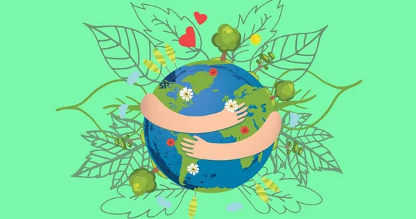 Composition of arms hugging globe, with leaves on green background. global conservation and earth day concept digitally generated image.