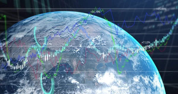 Image of financial data processing and statistics recording over planet Earth. Global business finances networking concept digitally generated image.