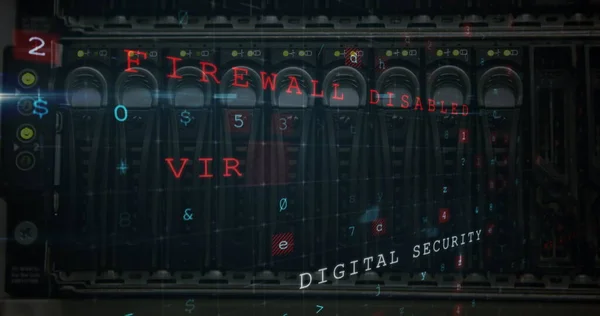 Close-up view of a network server with moving data encryption on the foreground and phrases indicating a cyber crime attack