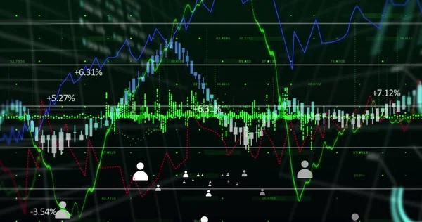 白种人数字图标在绿色和蓝色股票市场上漂浮的图像 以黑色为背景进行金融数据处理 全球金融业务概念数字生成的图像 — 图库照片