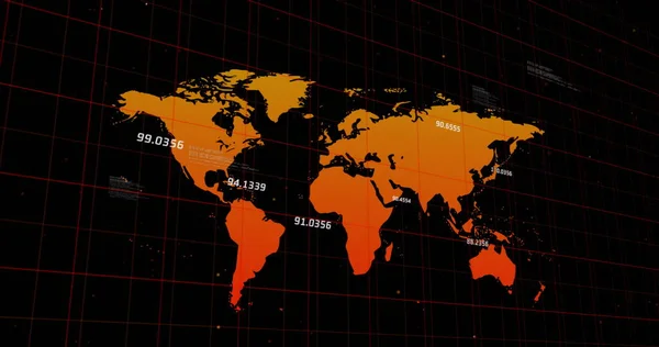 Image Orange World Map Numbers Floating Black Background Global Statistics — Stock Photo, Image