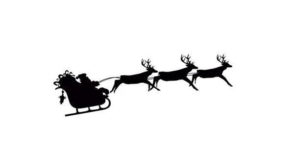 Image Black Silhouette Santa Claus Sleigh Being Pulled Reindeer White — Stock Photo, Image