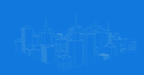 Digitální Obraz Virtuálních Budov Městě Pomalu Stoupá Při Otáčení Modré — Stock fotografie