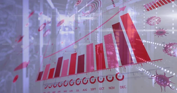 Imagen Interfaz Digital Con Gráficos Células Coronavirus Sobre Sala Servidores —  Fotos de Stock