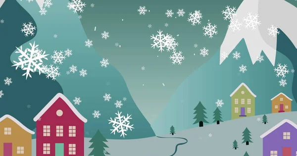 雪橇上雪花飘落在圣塔爪上的数字图像被驯鹿拉在冬季风景和夜空中的月亮上 圣诞节庆祝活动的传统概念 — 图库照片