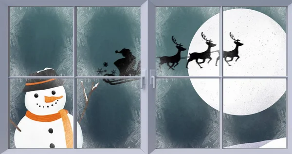 Afbeelding Van Sneeuwpop Silhouet Van Kerstman Slee Wordt Getrokken Door — Stockfoto