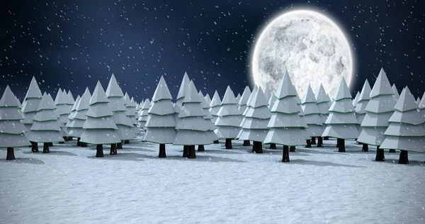 Wizerunek Jodły Pełnia Księżyca Padający Śnieg Boże Narodzenie Uroczystości Koncepcja — Zdjęcie stockowe