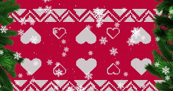 Imagem Digital Flocos Neve Caindo Sobre Padrão Tradicional Natal Vermelho — Fotografia de Stock