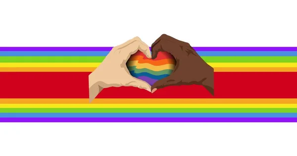 Blanke Afro Amerikaanse Handen Maken Hart Teken Regenboog Strepen Witte — Stockfoto