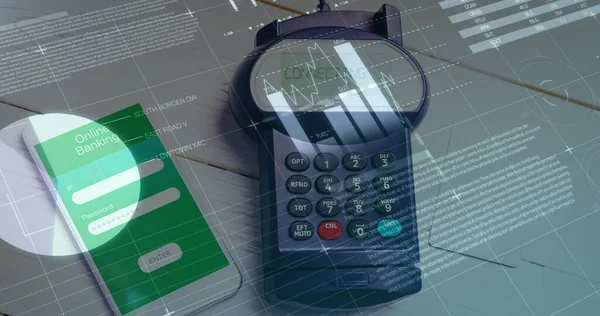 Beeld Van Financiële Gegevensverwerking Betaalterminal Smartphone Mondiaal Financieel Zakelijk Contactloos — Stockfoto