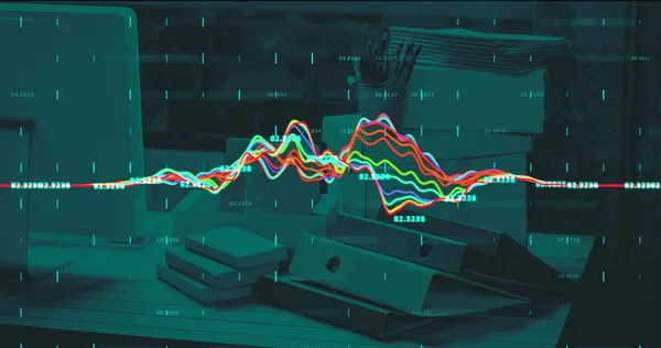 Ofis Masasında Dalgalanan Çizgilerle Finansal Veri Işleme Görüntüsü Küresel Finans — Stok fotoğraf