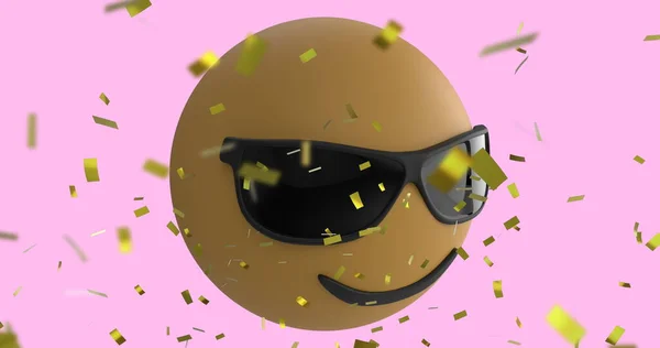 Image Nodding Smiling Emoji Icon Wearing Sunglasses Pink Background Falling — Stock Photo, Image
