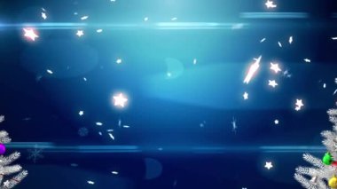 Düşen kar taneleri ve parlayan yıldızlarla süslenmiş iki beyaz Noel ağacının animasyonu. Noel, kış mevsimsel selamlar ve dijital olarak oluşturulan kutlama konsepti.