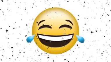 Düşen konfeti üzerine mutlu emoji ikonu animasyonu. küresel sosyal medya ve iletişim konsepti dijital olarak oluşturulmuş video.